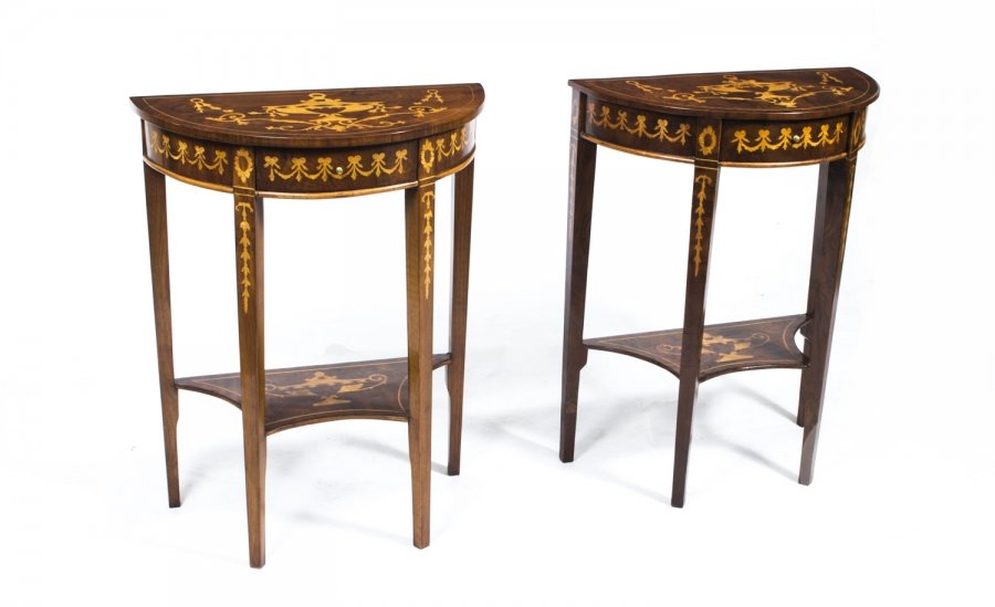 Vintage Pair Burr Walnut Half Moon Marquetry Console Tables 20th Century | Ref. no. 07051 | Regent Antiques