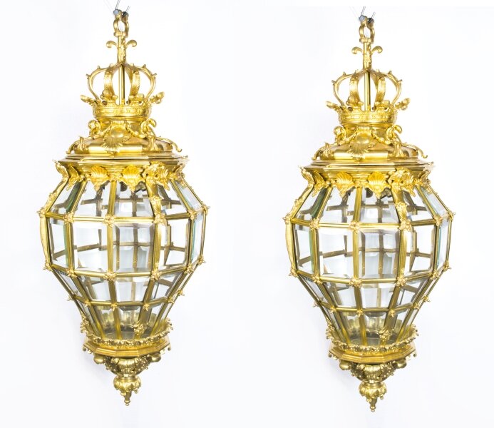 Vintage Pair 4ft /122cm Versailles Gilt Bronze Diamond Baluster Lanterns 20th C | Ref. no. 07079a | Regent Antiques