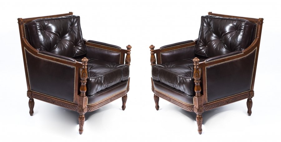 Classic Pair Dark Brown Button Back Leather Armchairs | Ref. no. 07131a | Regent Antiques