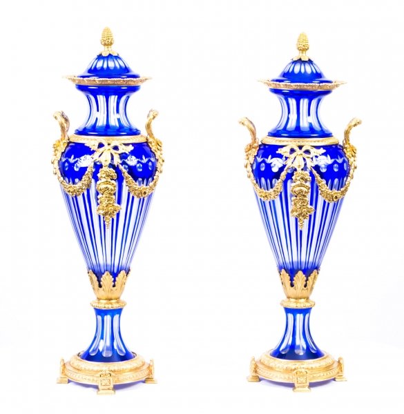 Stunning Pair  Royal Blue Cut Glass Vases Ormolu Mounts | Ref. no. 07254 | Regent Antiques