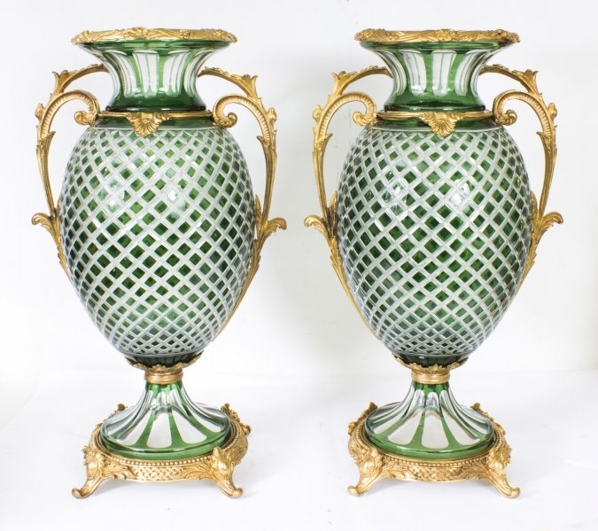 Beautiful  Pair Green Cut Crystal & Ormolu Mounted Vases | Ref. no. 07707G | Regent Antiques