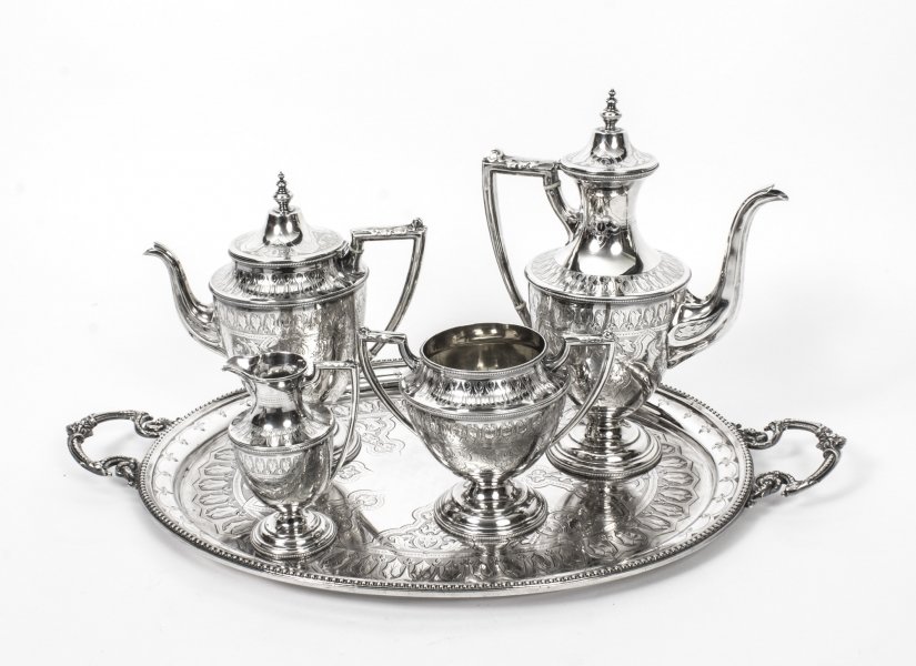 Antique Silver 5 Piece Tea Coffee Service With Tray | Martin Hall Tea & Coffee Set | Ref. no. 08037 | Regent Antiques