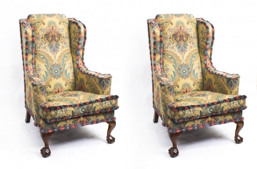 Antique Pair Wing Armchairs Foliate Upholstery Liberty &CoC1920 | Ref. no. 08137 | Regent Antiques