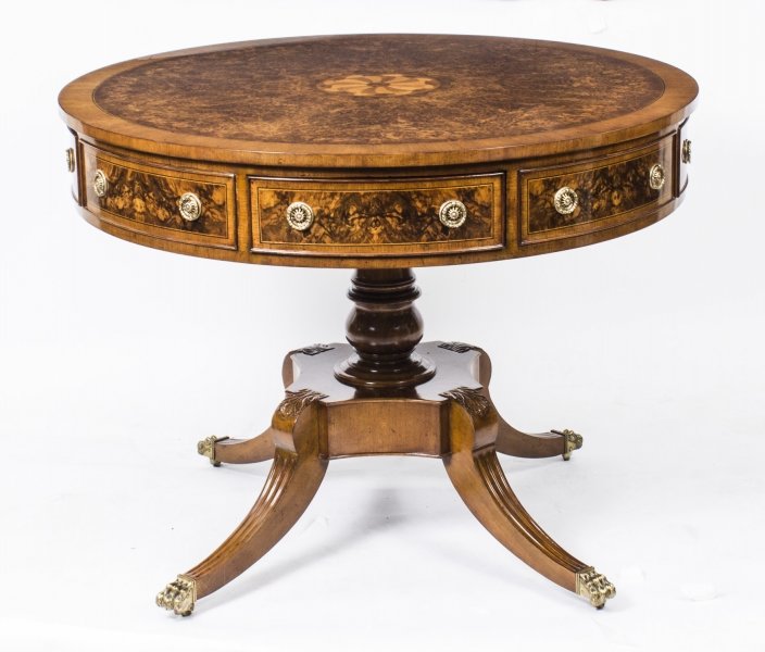 Stunning Burr walnut & marquetry Drum Table in Regency Style | Ref. no. 08140 | Regent Antiques