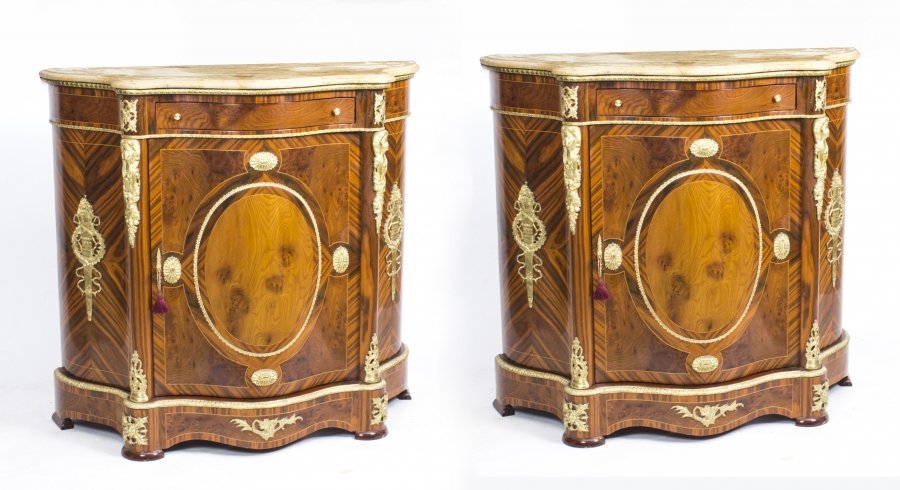 Beautiful Pair Walnut Serpentine Cabinets Cream Marble Tops | Ref. no. 08152 | Regent Antiques