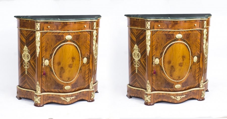Beautiful Pair Walnut Serpentine Side Cabinets green Marble Tops | Ref. no. 08152a | Regent Antiques