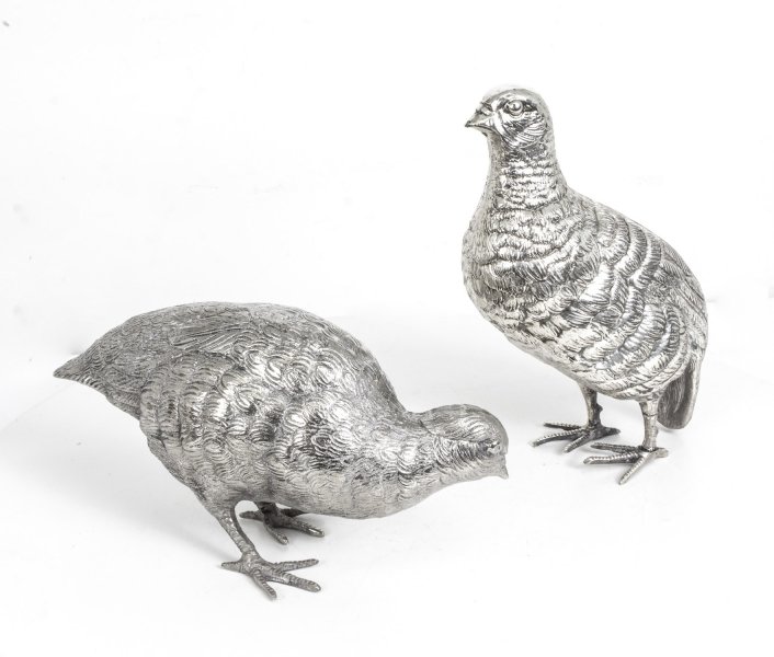 Antique pair of silver plated bronze partridges C1920 | Ref. no. 08160 | Regent Antiques