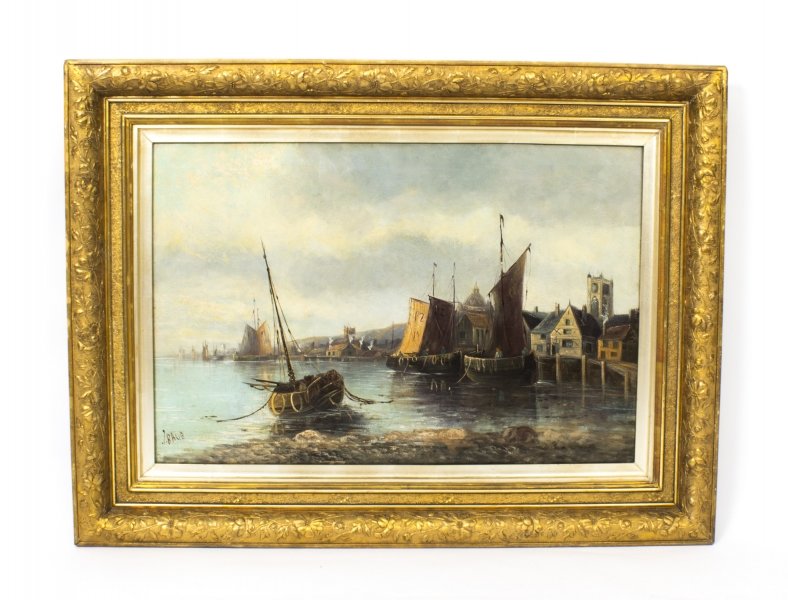 Antique Oil Painting  Fishing Boats at Moorings, J.Balie  C1880 | Ref. no. 08185 | Regent Antiques