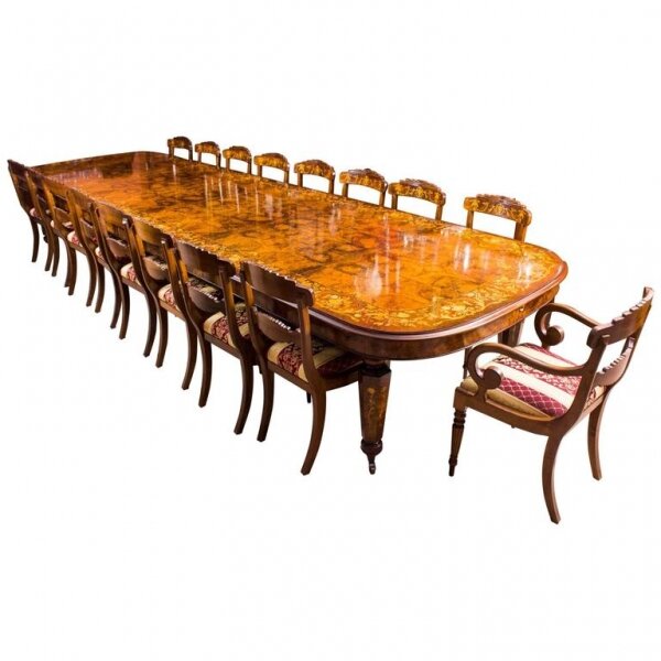 Vintage 17ft Marquetry Burr Walnut Extending Dining Table & 18 Chairs 20th C | Ref. no. 08208a | Regent Antiques