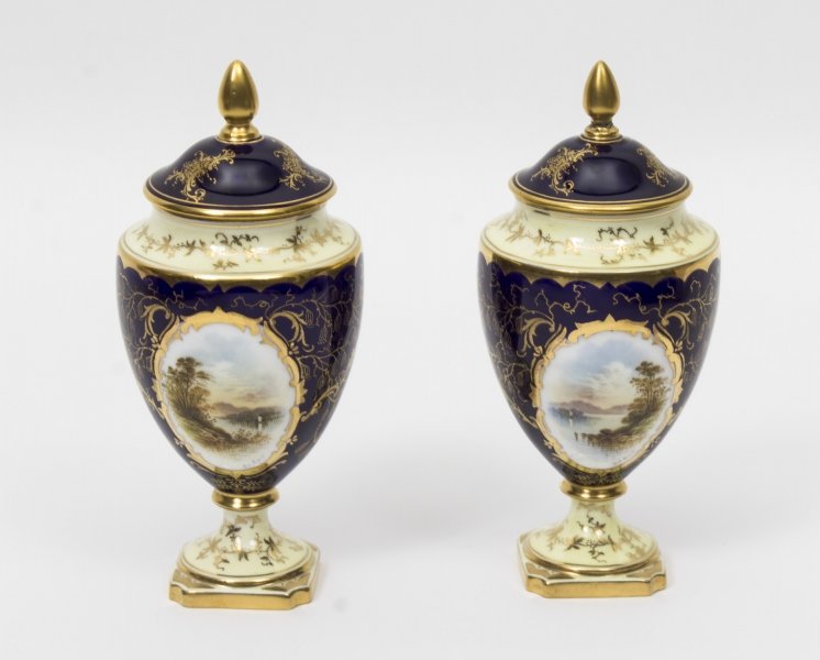 Antique Pair Coalport Urnular Vases & Covers Lock Lomond & Loch Achray  C1900 | Ref. no. 08228 | Regent Antiques