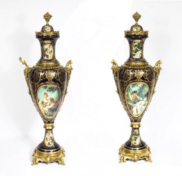Pair Huge 5ft 6inch Gilded French Sevres Style Blue Porcelain Vases | Ref. no. 08300A | Regent Antiques