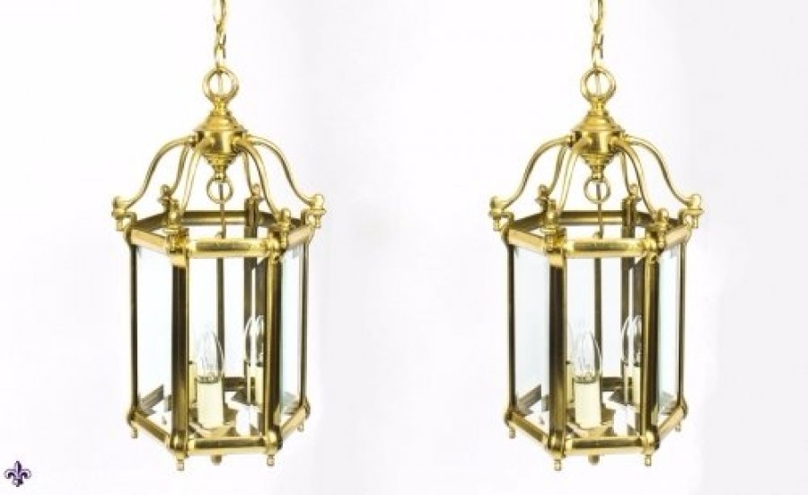 Mid Century Pair Brass Hexagonal Hall Lanterns C1950 | Ref. no. 08310 | Regent Antiques