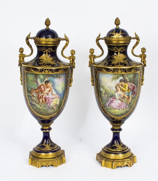 Antique Pair Ormolu Mounted Sevres Style Lidded Urns Vases C1910 | Ref. no. 08346 | Regent Antiques