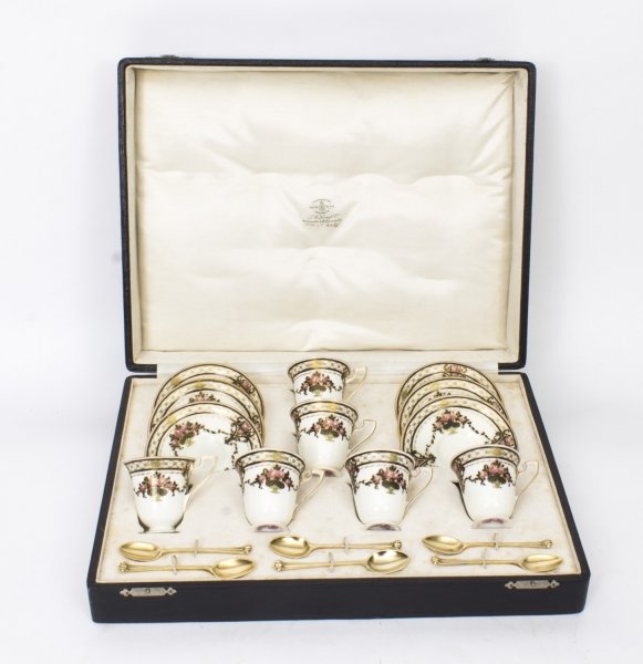 Antique Royal Worcester Coffee Set & Silver gilt spoons x 6 Cased  1915 | Ref. no. 08362 | Regent Antiques