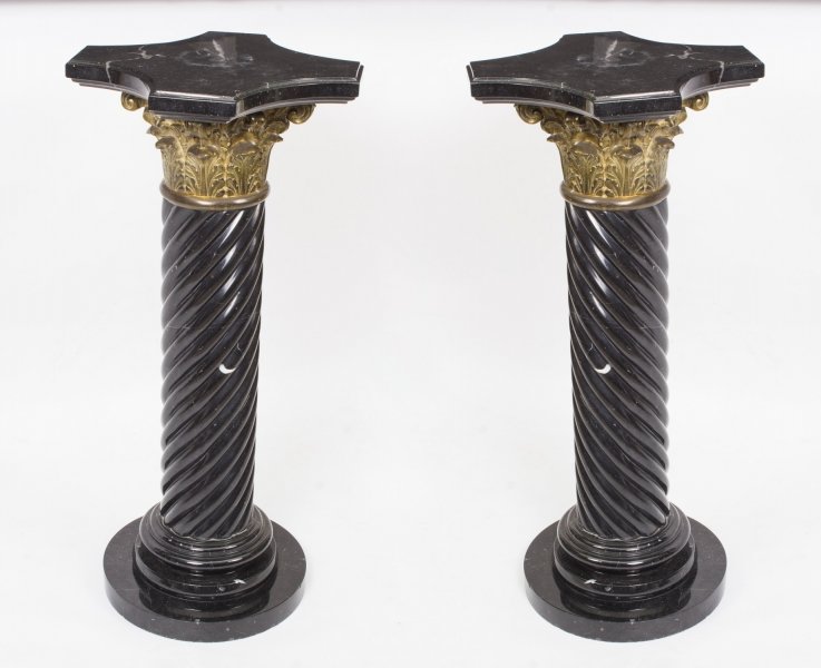 Antique Pair Black Italian Marble Ormolu Mounted Solomonic Columns Pedestals | Ref. no. 08420 | Regent Antiques