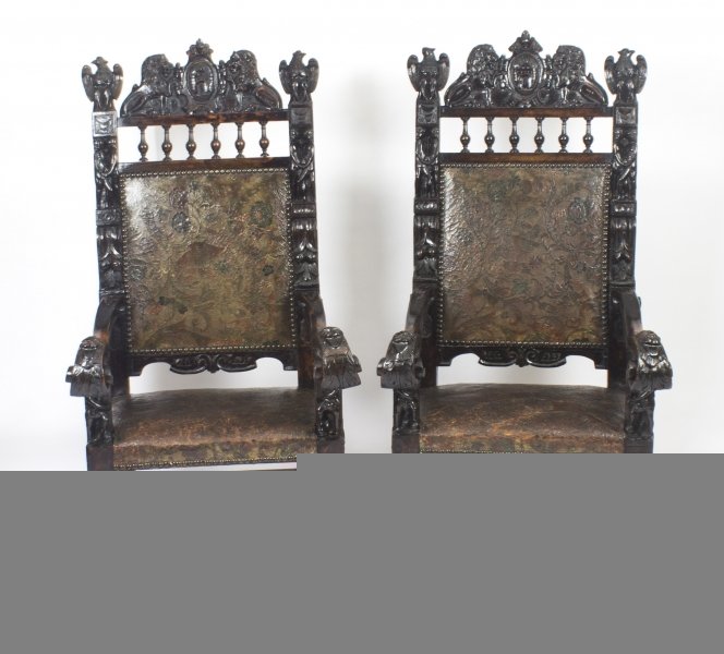 Antique Pair of Carved Oak & Leather Gothic Throne Chairs c.1840 | Ref. no. 08442 | Regent Antiques