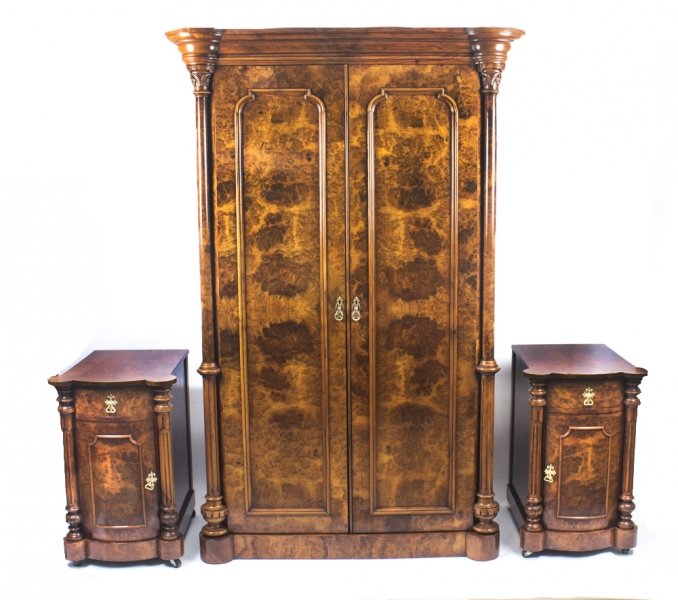 Antique Victorian Burr Walnut Wardrobe & Pair Bedside Cabinets C1870 | Ref. no. 08478 | Regent Antiques