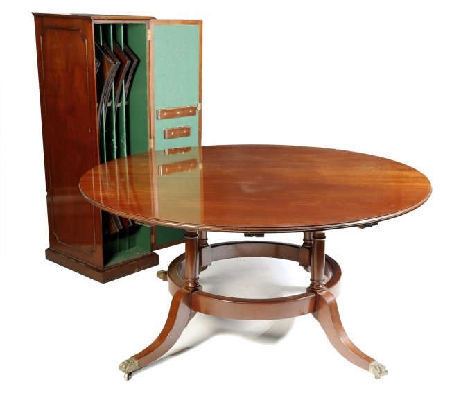 Vintage 7ft  Diam Mahogany Jupe Dining Table & Leaf Cabinet. Mid 20th C | Ref. no. 08485 | Regent Antiques