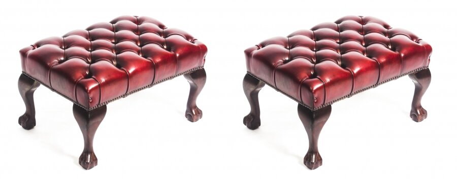 Bespoke Pair Chippendale Ball & Claw Leather Stool Emerald Ruby Red | Ref. no. 08541b | Regent Antiques