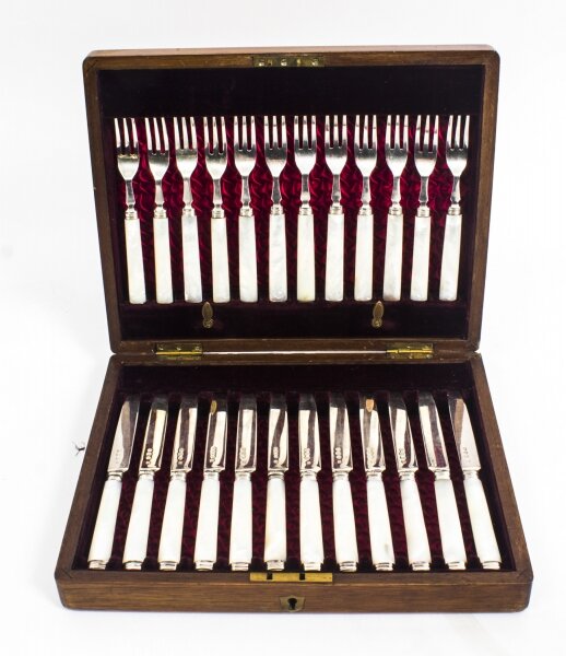 Antique Boxed Set 12 Pairs Silver & Mother of Pearl Fruit Forks & Knives | Ref. no. 08642 | Regent Antiques