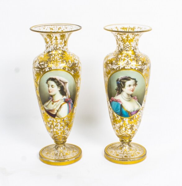 Antique Pair Bohemian Opaline Flashed Gilded Crystal Portrait Vases 19th C | Ref. no. 08651 | Regent Antiques