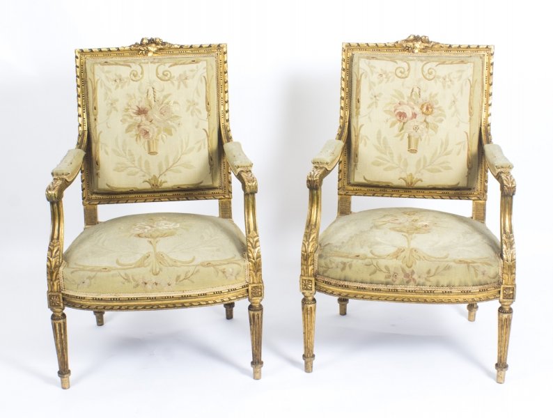 19th century French Louis XVI style arm chair with tapestry upholstery.