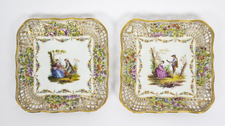 Antique Pair German Dresden Porcelain Reticulated Dishes 19thC | Ref. no. 08680 | Regent Antiques