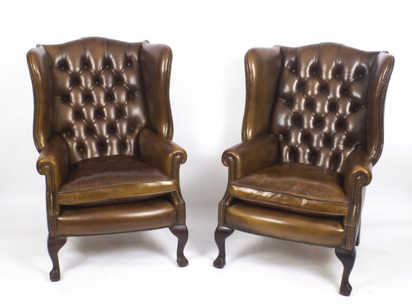 Bespoke Pair Leather Chippendale Wingback Armchairs Hazel | Ref. no. 08845a | Regent Antiques
