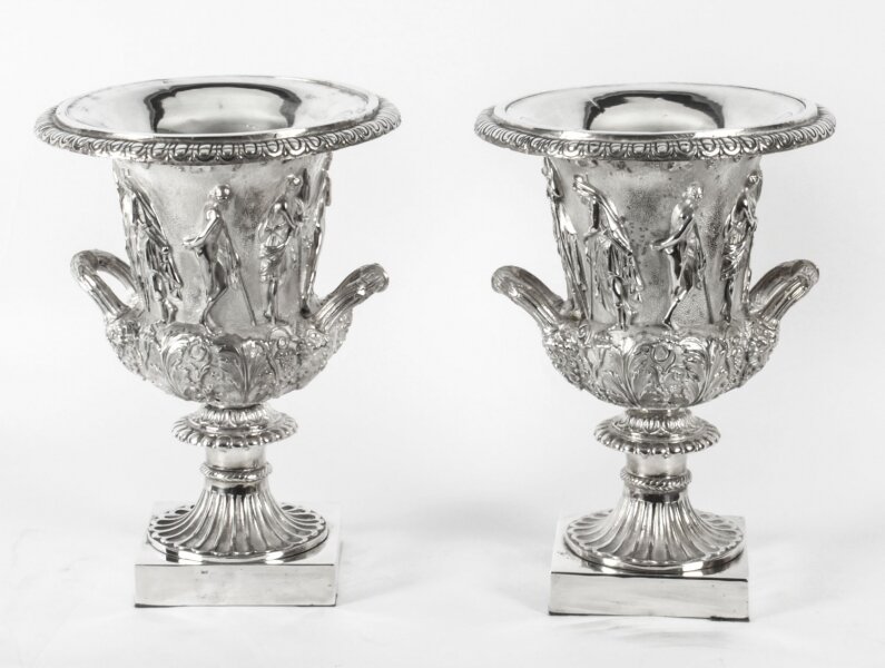 Antique Pair Silver Plated Grand Tour Borghese Bronze Campana Urns  19th C | Ref. no. 08846a | Regent Antiques