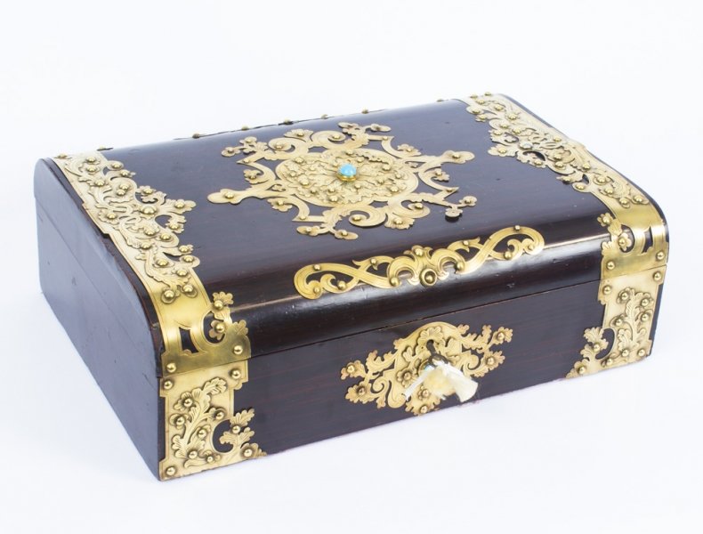 Antique Mahogany & Cut Brass Turquoise Mounted Jewellery Casket c.1860 | Ref. no. 08865 | Regent Antiques