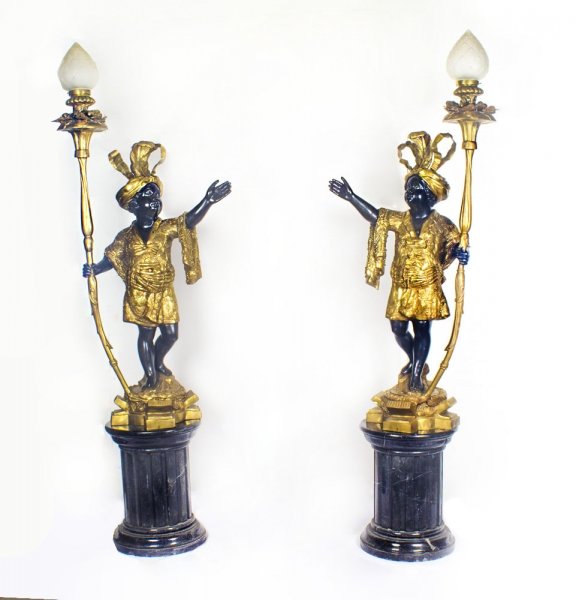 Pair 8ft Gilded Bronze Blackamoor Lamps on  Marble Stands 20th C | Ref. no. 08903 | Regent Antiques