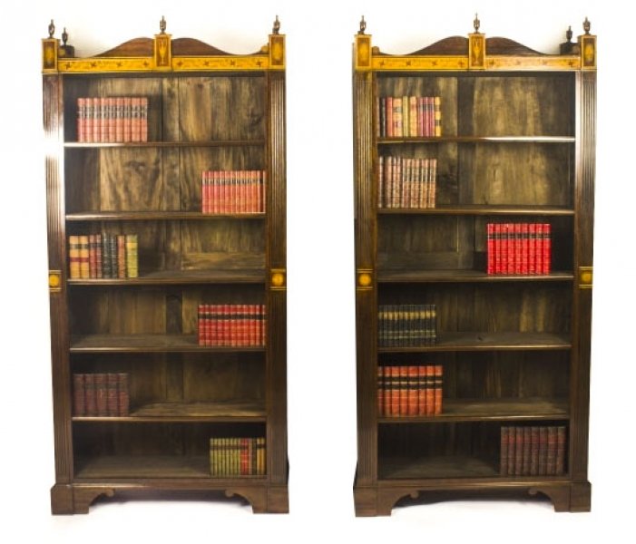 Vintage Pair Sheraton Design Inlaid Mahogany Open Bookcases 20th C | Ref. no. 09021 | Regent Antiques