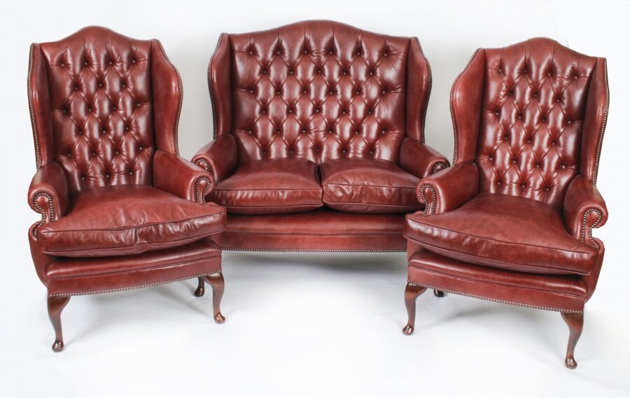 Bespoke English Leather Queen Anne  Sofa & Pair Armchairs Chestnut | Ref. no. 09048c | Regent Antiques