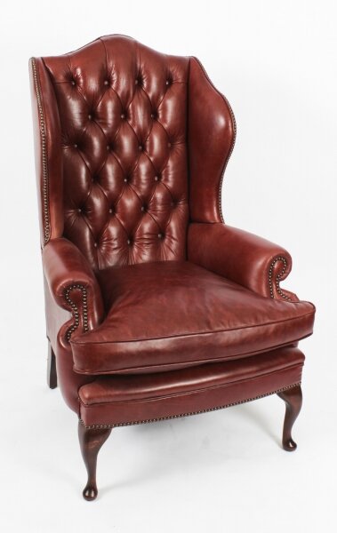 Bespoke Leather Queen Anne Wingback Armchair Chestnut | Ref. no. 09048e | Regent Antiques