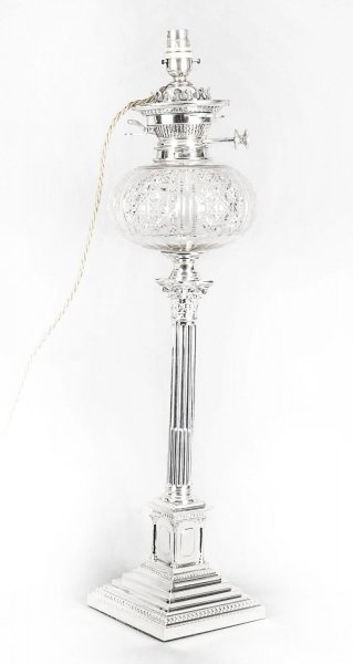 Antique Victorian Silver Plated Corinthian Column Table Oil  Lamp c.1890 | Ref. no. 09072 | Regent Antiques