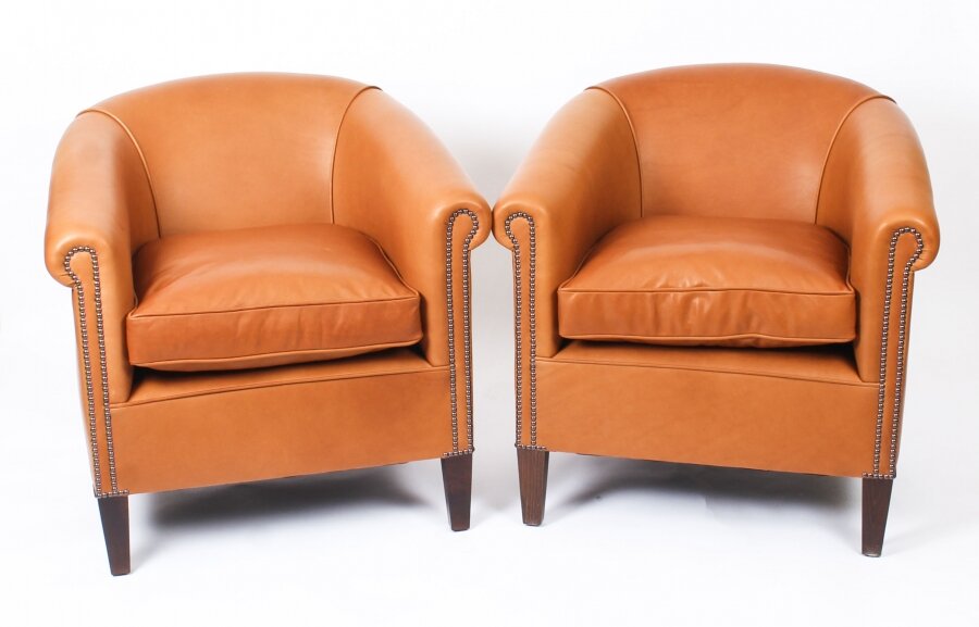 Bespoke Pair English Handmade Amsterdam Leather Arm Chairs Tan | Ref. no. 09085b | Regent Antiques