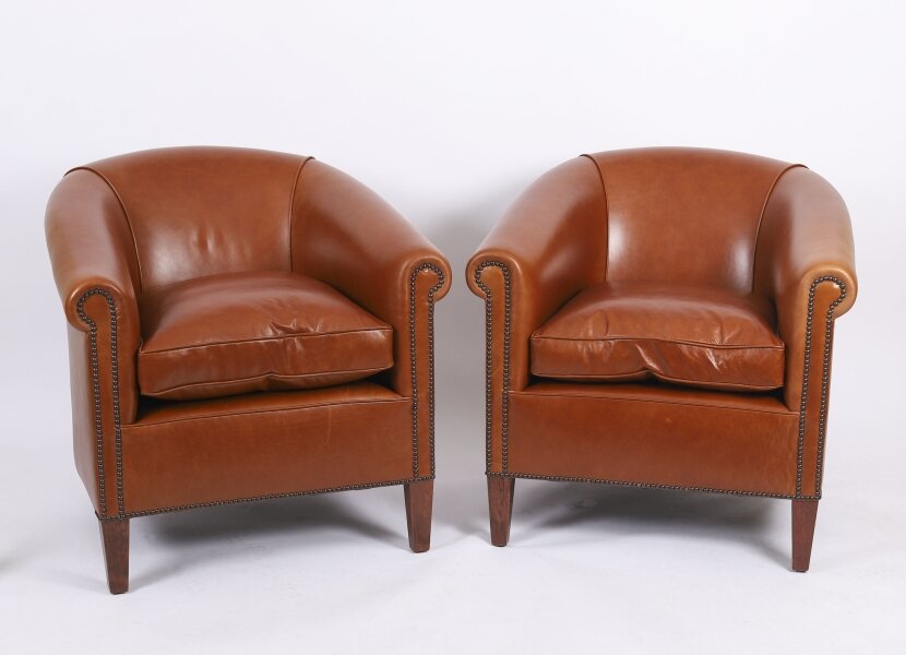 Bespoke Pair English Handmade Amsterdam Leather Arm Chairs Malt | Ref. no. 09085g | Regent Antiques