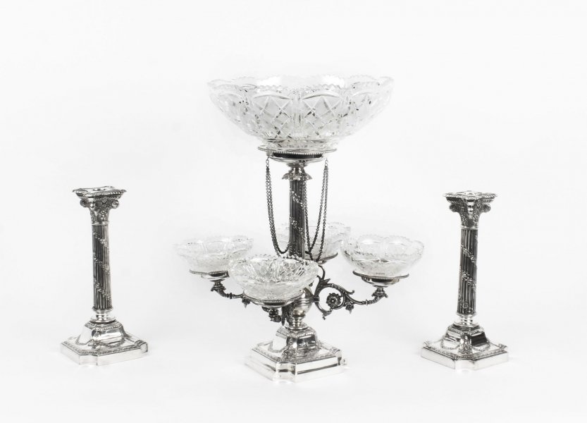 Antique Silver Plated  Pair Candlesticks & Centrepiece 5 Cut Glass Bowls 19th C | Ref. no. 09098 | Regent Antiques