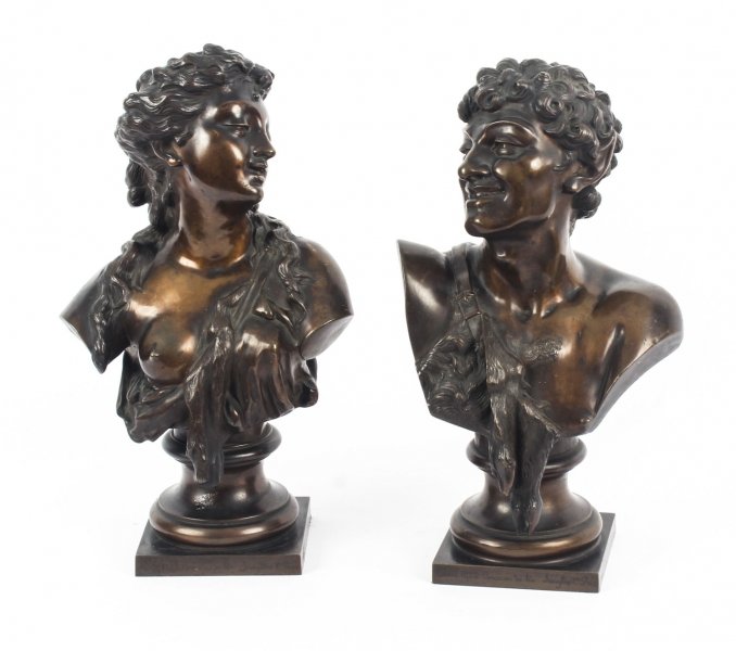 Antique Pair Bronze Busts Jean Baptiste Lebroc  Bacchante and a Satyr 19th C | Ref. no. 09161 | Regent Antiques