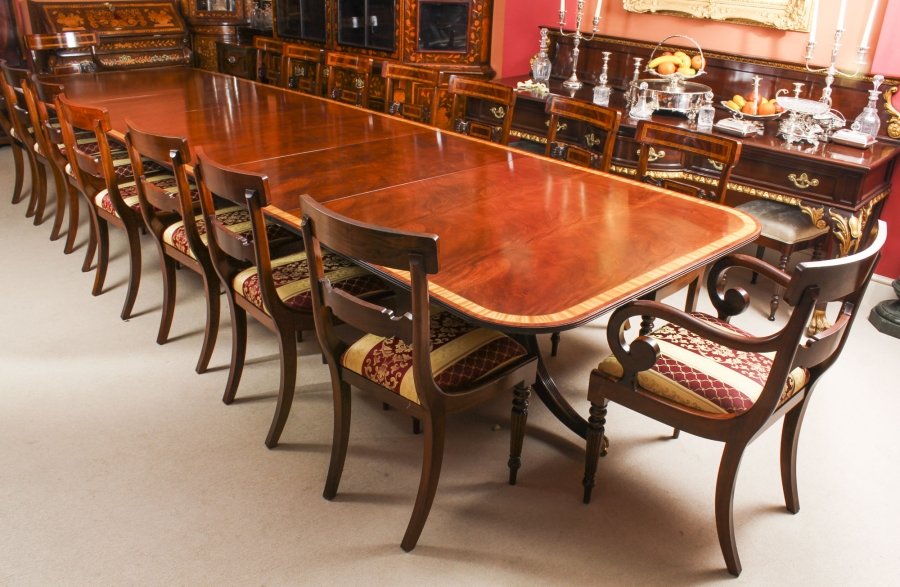 Vintage Arthur Brett Three Pillar Mahogany Dining Table 16 Chairs 20th Century | Ref. no. 09293a | Regent Antiques