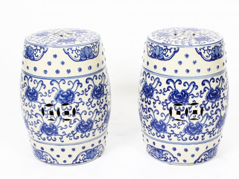 Vintage Pair Japanese  Blue & White Porcelain Garden Seats 20th Century | Ref. no. 09349c | Regent Antiques