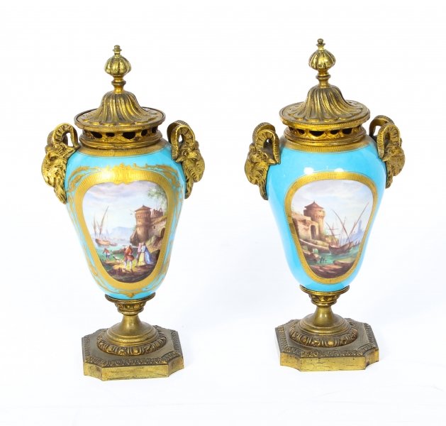 Antique Pair Bleu Celeste Sevres Porcelain Gilt Bronze Lidded Urns 19th C | Ref. no. 09361 | Regent Antiques