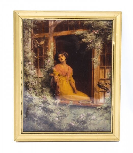 Antique Victorian Crystoleum Picture Painting of a Lady by a Window 19th C | Ref. no. 09372e | Regent Antiques