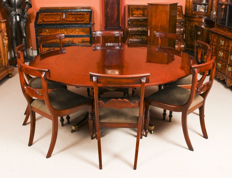 Vintage  6ft Diam Mahogany Jupe Dining Table, Leaf Cabinet & 8 Chairs | Ref. no. 09422a | Regent Antiques