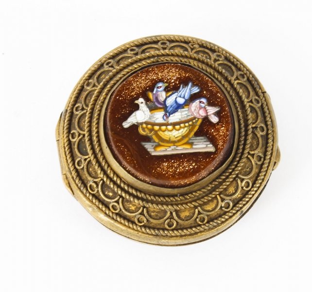 Antique Italianate Micromosaic Round Ormolu Pill Box The Pliny\'s Doves 19th C | Ref. no. 09447 | Regent Antiques