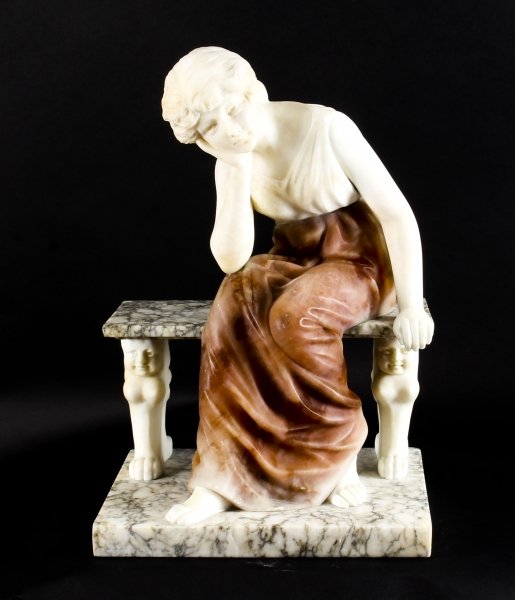 Antique Alabaster Sculpture Wistfulness Young Lady on a Bench Late 19th Century | Ref. no. 09794 | Regent Antiques