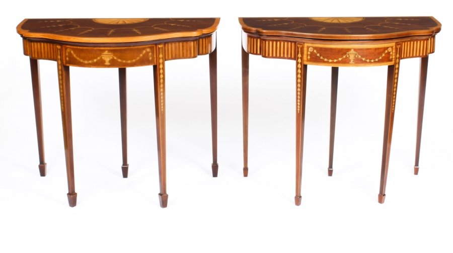 Antique Pair Mahogany and Satinwood Inlaid Serpentine Card Console Tables 19th C | Ref. no. 09827a | Regent Antiques