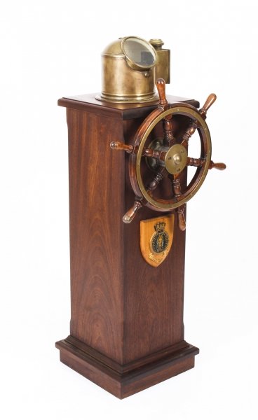 Antique Brass Six Spoke Mahogany Ships Wheel with Pedestal and Binnacle 19th C | Ref. no. 09838 | Regent Antiques