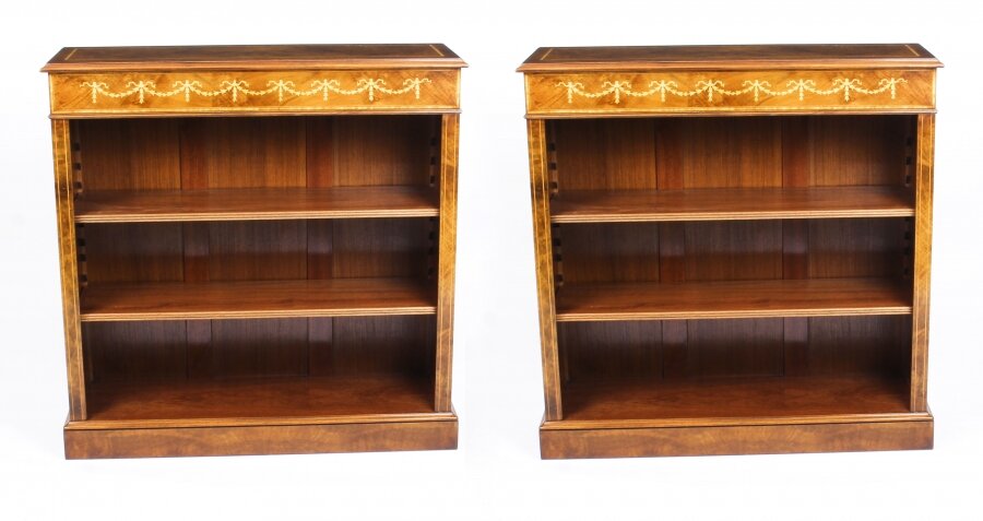 Bespoke Pair Sheraton Style Burr Walnut Low Open Bookcases | Ref. no. 09862b | Regent Antiques