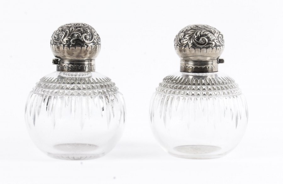 Antique Pair of Sterling Silver Top Cut Glass Perfume Bottles 1894 19th C | Ref. no. 09906 | Regent Antiques